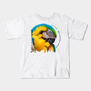 Blue and yellow macaw tropical bird pin black text Kids T-Shirt